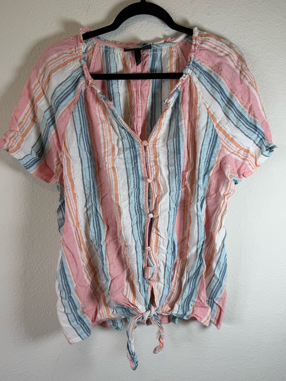 Lane Bryant Linen Blend Striped Tie Front Blouse Size 16 Pink Blue Lightweight